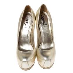 مملوكة مسبقًا Saint Laurent Paris Pale Gold Leather Tribtoo Platform Pumps Size 37.5