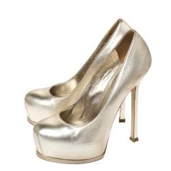 مملوكة مسبقًا Saint Laurent Paris Pale Gold Leather Tribtoo Platform Pumps Size 37.5