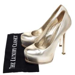 مملوكة مسبقًا Saint Laurent Paris Pale Gold Leather Tribtoo Platform Pumps Size 37.5