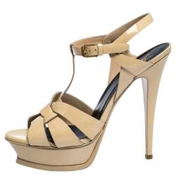 مملوكة مسبقًا صندل سان لوران باريس نعل سميك تريبيوت جلد بيج لامع مقاس 39