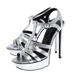 Pre Owned صندل سان لوران باريس جلد فضي سيور نعل سميك مقاس 37