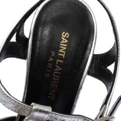 Pre Owned صندل سان لوران باريس جلد فضي سيور نعل سميك مقاس 37