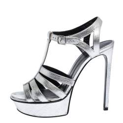 Pre Owned صندل سان لوران باريس جلد فضي سيور نعل سميك مقاس 37