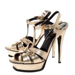 Pre Owned صندل سان لوران باريس تريبوت جلد سحلية ذهبي ميتاليك مقاس 38.5