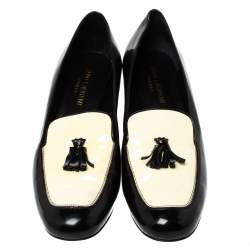 Saint Laurent Black/White Patent Leather Babies Tassel Loafers Size 38
