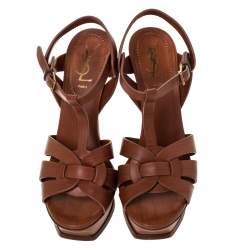 Pre Owned Saint Laurent Paris Brown Leather Tribute Platform Sandals Size 37.5