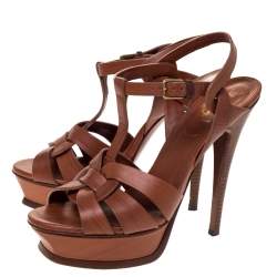 Pre Owned Saint Laurent Paris Brown Leather Tribute Platform Sandals Size 37.5