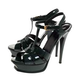 Pre Owned صندل سان لوران باريس تريبوت نعل سميك جلد لامع أخضر مقاس 39.5