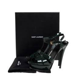 Pre Owned صندل سان لوران باريس تريبوت نعل سميك جلد لامع أخضر مقاس 39.5