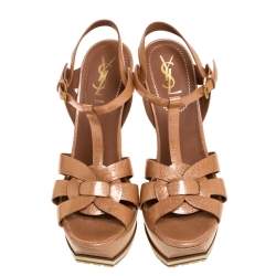 مملوكة مسبقًا Saint Laurent Rose Gold Parent Leather Tribute Wood Platform Sandals Size 39