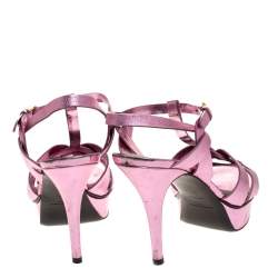 Pre Owned Saint Laurent  Metallic Pink Leather Tribute Platform Sandals Size 39.5