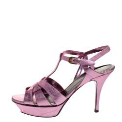 Pre Owned Saint Laurent  Metallic Pink Leather Tribute Platform Sandals Size 39.5