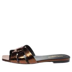 Pre Owned Saint Laurent Paris Bronze Snake Embossed Leather Tribute Flat Slides Size 37