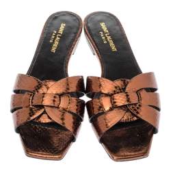 Pre Owned Saint Laurent Paris Bronze Snake Embossed Leather Tribute Flat Slides Size 37