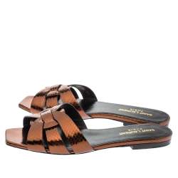 Pre Owned Saint Laurent Paris Bronze Snake Embossed Leather Tribute Flat Slides Size 37