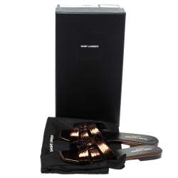 Pre Owned Saint Laurent Paris Bronze Snake Embossed Leather Tribute Flat Slides Size 37