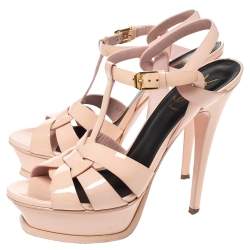 Pre Owned Saint Laurent Paris Pink Patent Leather Tribute Platform Sandals Size 37.5
