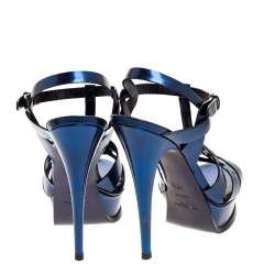Saint Laurent Paris Metallic Dark Blue Leather Tribute Platform Sandals Size 38.5