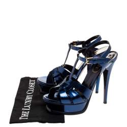 Saint Laurent Paris Metallic Dark Blue Leather Tribute Platform Sandals Size 38.5