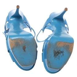 مملوكة مسبقًا Saint Laurent Paris Blue Patent Leather Tribute Platform Sandals Size 38.5