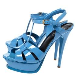 مملوكة مسبقًا Saint Laurent Paris Blue Patent Leather Tribute Platform Sandals Size 38.5