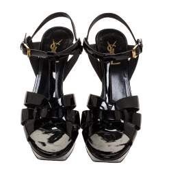 مملوكة مسبقًا Saint Laurent Paris Black Patent Leather Tribute Platform Sandals Size 38