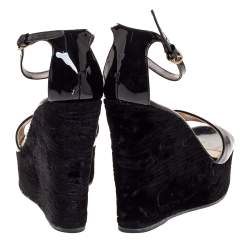 Saint Laurent Paris Black Patent And Embossed Velvet Wedge Platform Sandals 38