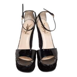 Saint Laurent Paris Black Patent And Embossed Velvet Wedge Platform Sandals 38