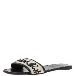 مملوكة مسبقًا صندل سلايد فلات سان لوران باريس مزين نقشة نبضات القلب جلد و كانفاس أبيض و أسود مقاس 35.5