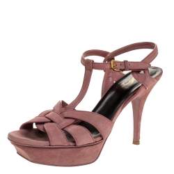 Saint Laurent Paris Pink Suede Tribute Platform Sandals Size 40