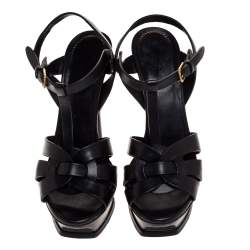 مملوكة مسبقًا Saint Laurent Paris Black Leather Tribute Platform Sandals Size 38