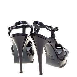 Pre Owned Yves Saint Laurent Navy Blue Textured Patent Leather Tribute Platform Sandals Size 40