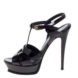 Pre Owned Yves Saint Laurent Navy Blue Textured Patent Leather Tribute Platform Sandals Size 40