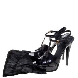Pre Owned Yves Saint Laurent Navy Blue Textured Patent Leather Tribute Platform Sandals Size 40