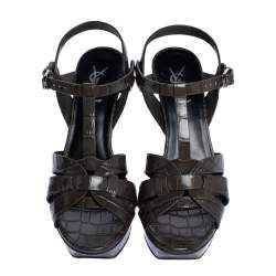 مملوكة مسبقًا Saint Laurent Paris Dark Grey Croc Embossed Leather Tribute Sandals Size 38.5