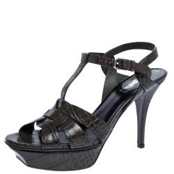 مملوكة مسبقًا Saint Laurent Paris Dark Grey Croc Embossed Leather Tribute Sandals Size 38.5