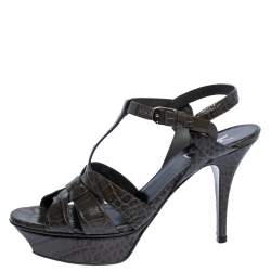مملوكة مسبقًا Saint Laurent Paris Dark Grey Croc Embossed Leather Tribute Sandals Size 38.5