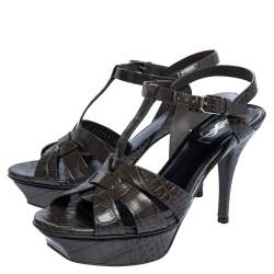 مملوكة مسبقًا Saint Laurent Paris Dark Grey Croc Embossed Leather Tribute Sandals Size 38.5