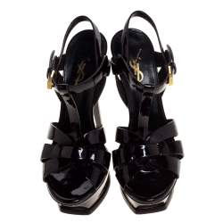 مملوكة مسبقًا Saint Laurent Paris Burgundy Patent Leather Tribute Platform Sandals Size 35