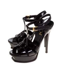 مملوكة مسبقًا Saint Laurent Paris Burgundy Patent Leather Tribute Platform Sandals Size 35