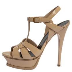 مملوكة مسبقًا Saint Laurent Paris Cream Patent Leather Tribute Platform Sandals Size 36.5