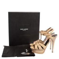 مملوكة مسبقًا Saint Laurent Paris Cream Patent Leather Tribute Platform Sandals Size 36.5