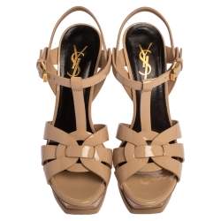 مملوكة مسبقًا Saint Laurent Paris Cream Patent Leather Tribute Platform Sandals Size 36.5