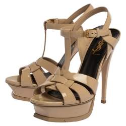 مملوكة مسبقًا Saint Laurent Paris Cream Patent Leather Tribute Platform Sandals Size 36.5