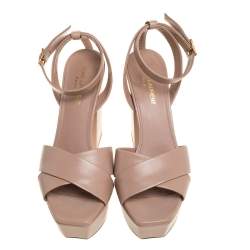Saint Laurent Paris Beige Criss Cross Leather Farrah Platform Sandals Size 38.5
