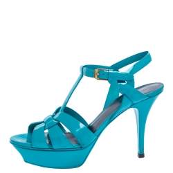 Pre Owned Saint Laurent Paris Turquoise Patent Leather Tribute Platform Sandals Size 37