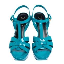 Pre Owned Saint Laurent Paris Turquoise Patent Leather Tribute Platform Sandals Size 37