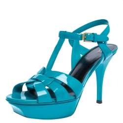 Pre Owned Saint Laurent Paris Turquoise Patent Leather Tribute Platform Sandals Size 37