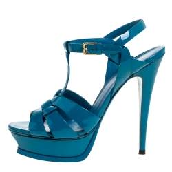 مملوكة مسبقًا Saint Laurent Paris Teal Patent Leather Tribute Platform Sandals Size 38