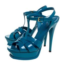مملوكة مسبقًا Saint Laurent Paris Teal Patent Leather Tribute Platform Sandals Size 38